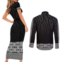 New Zealand Maori Kowhaiwhai Couples Matching Short Sleeve Bodycon Dress and Long Sleeve Button Shirt Pango Maui and Mangopare
