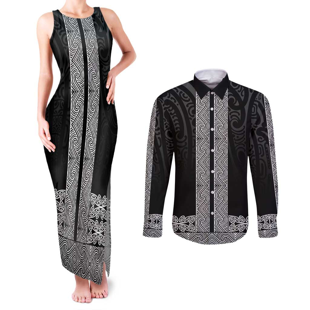 New Zealand Maori Kowhaiwhai Couples Matching Tank Maxi Dress and Long Sleeve Button Shirt Pango Maui and Mangopare