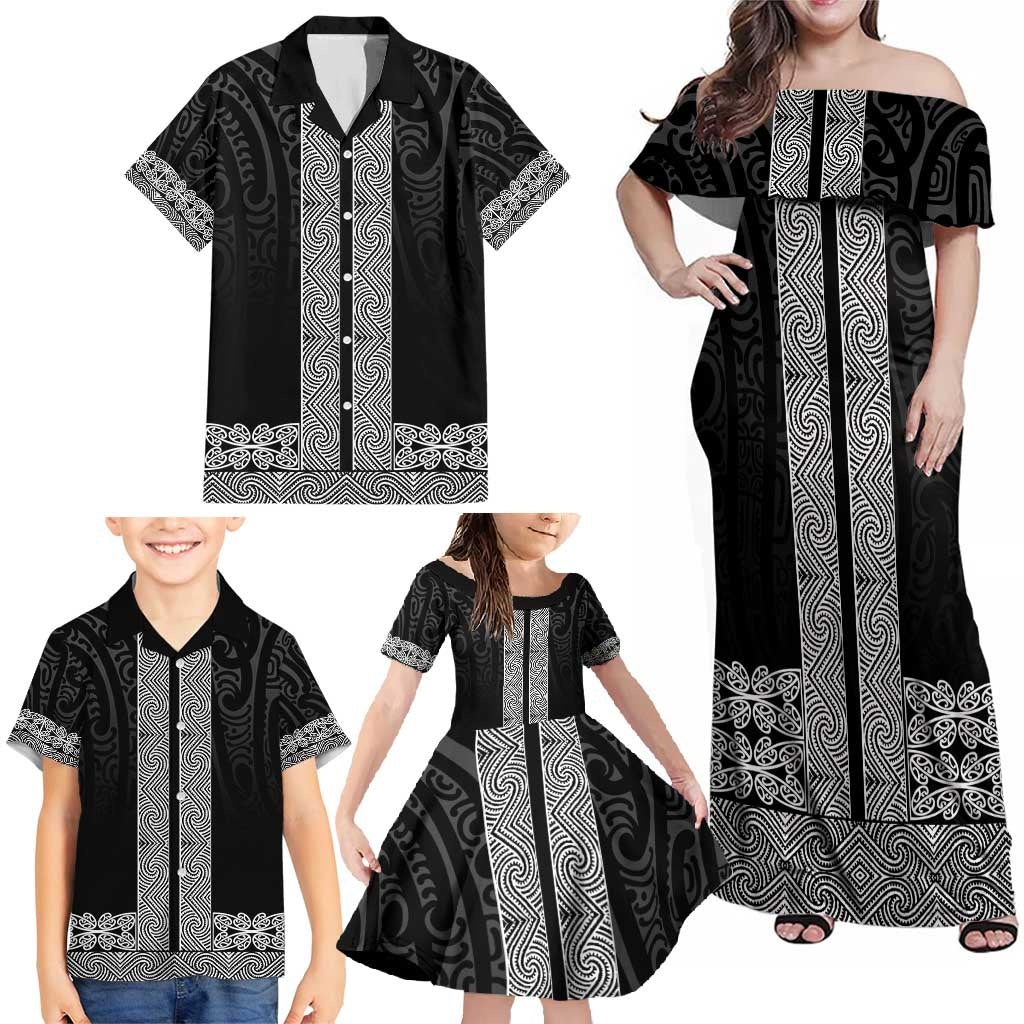 New Zealand Maori Kowhaiwhai Family Matching Off Shoulder Maxi Dress and Hawaiian Shirt Pango Maui and Mangopare