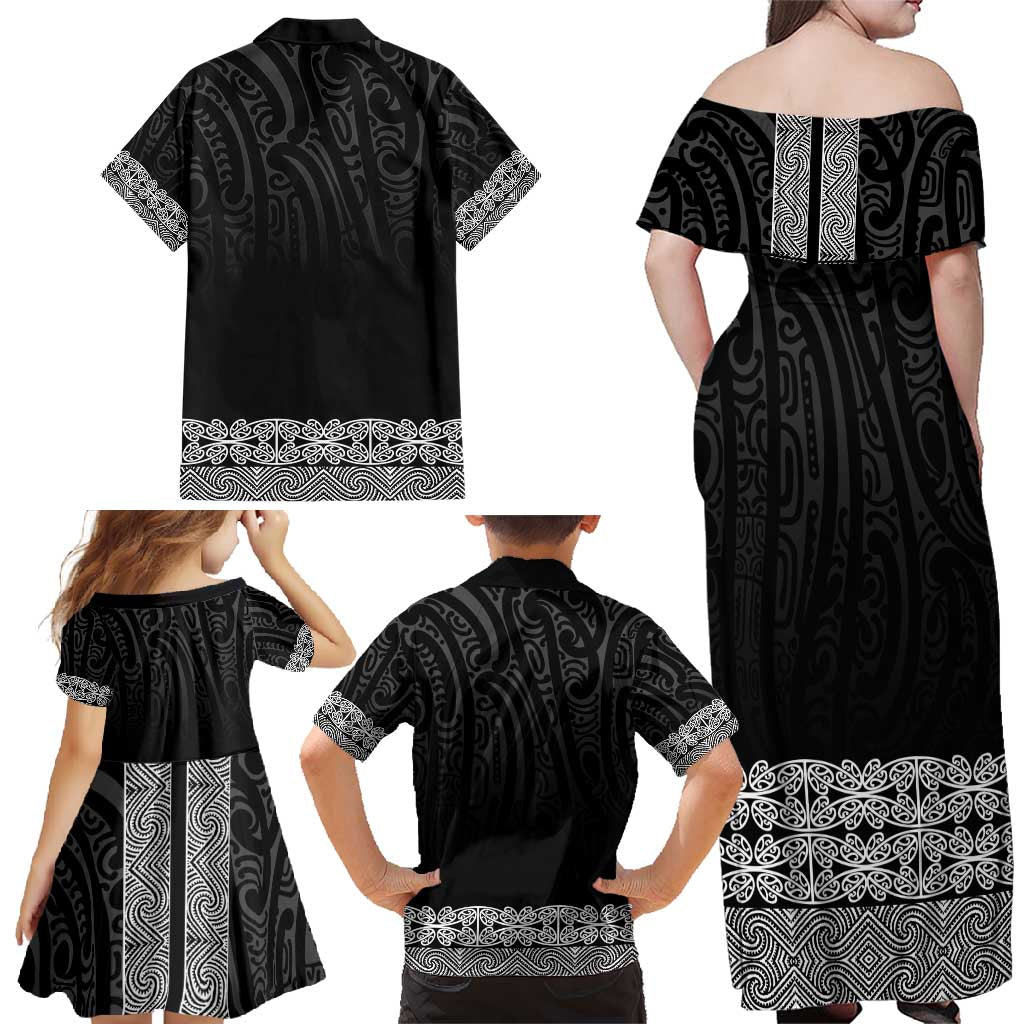 New Zealand Maori Kowhaiwhai Family Matching Off Shoulder Maxi Dress and Hawaiian Shirt Pango Maui and Mangopare