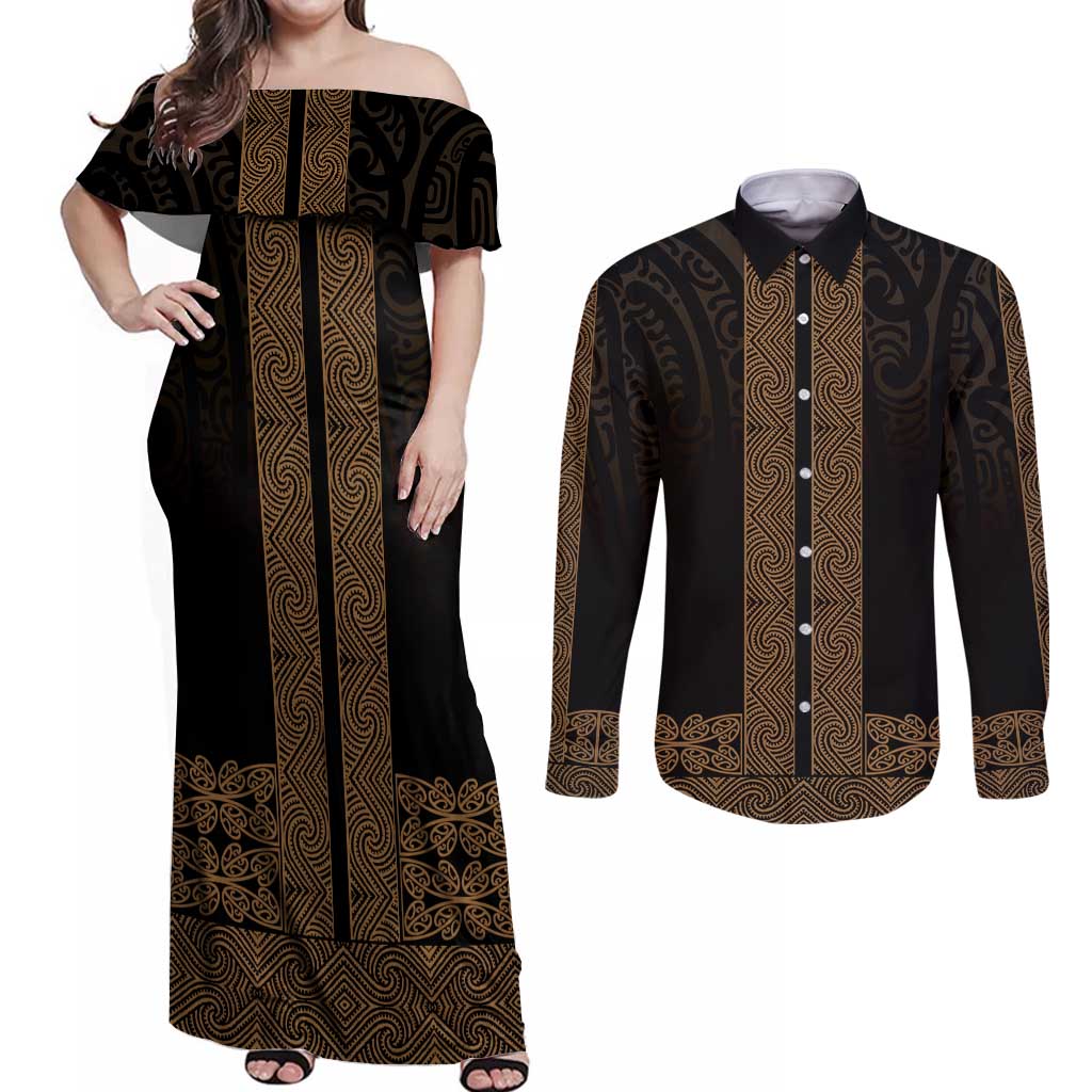 New Zealand Maori Kowhaiwhai Couples Matching Off Shoulder Maxi Dress and Long Sleeve Button Shirt Parauri Maui and Mangopare