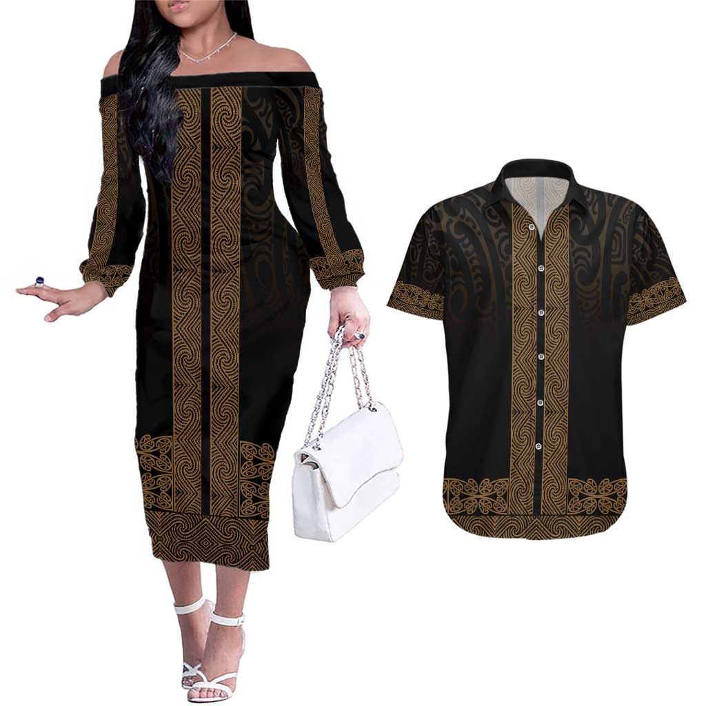 New Zealand Maori Kowhaiwhai Couples Matching Off The Shoulder Long Sleeve Dress and Hawaiian Shirt Parauri Maui and Mangopare