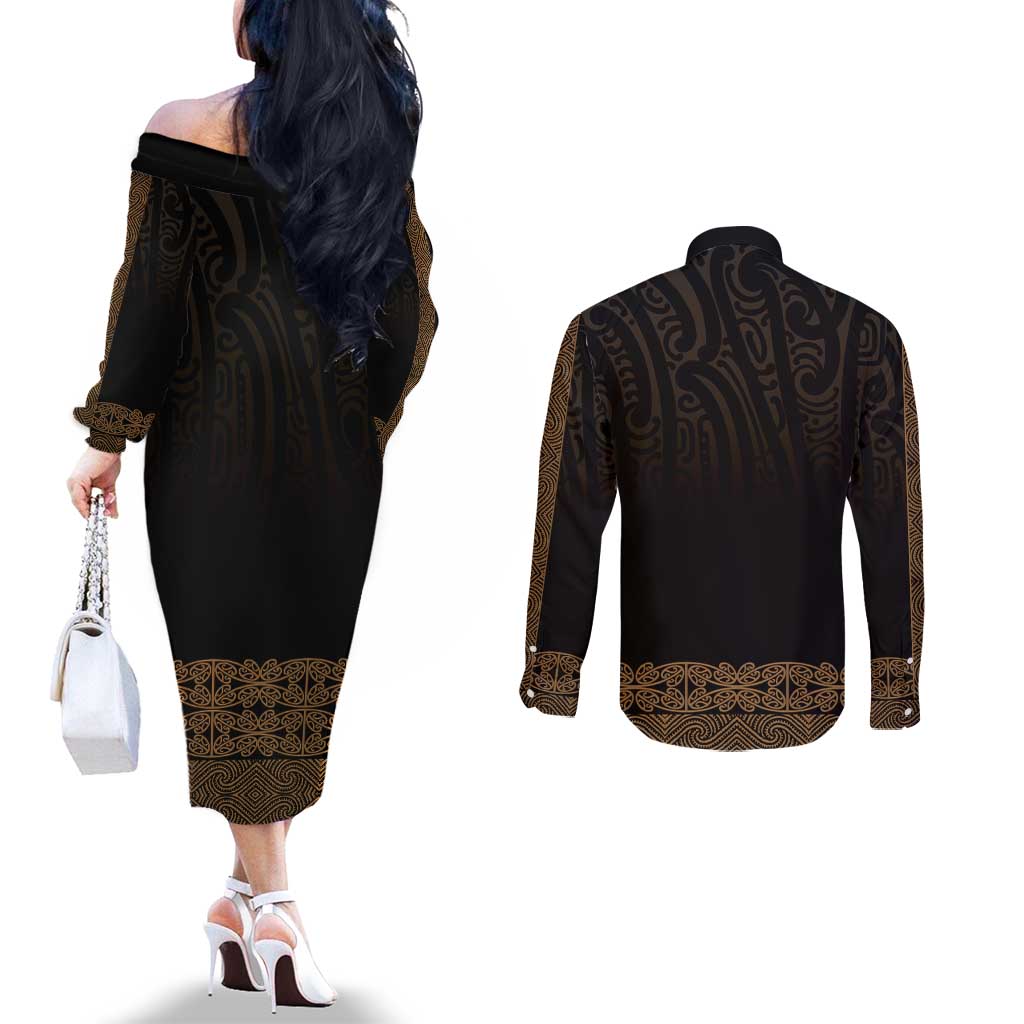 New Zealand Maori Kowhaiwhai Couples Matching Off The Shoulder Long Sleeve Dress and Long Sleeve Button Shirt Parauri Maui and Mangopare
