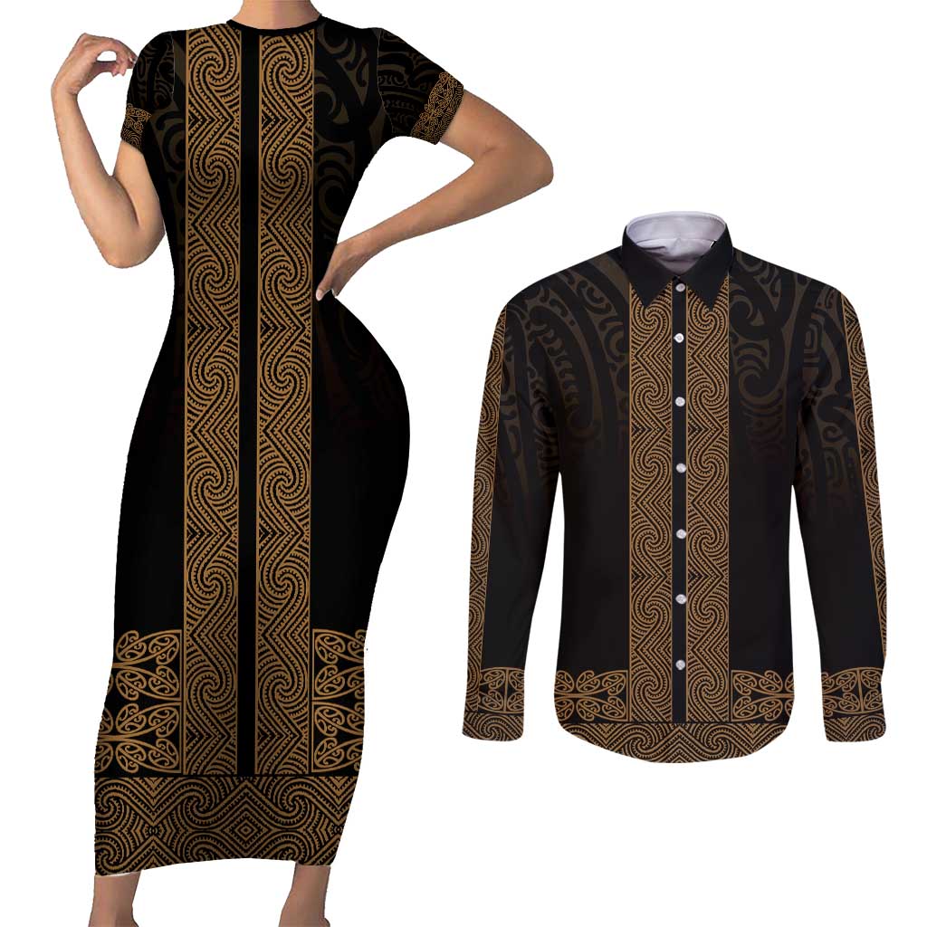 New Zealand Maori Kowhaiwhai Couples Matching Short Sleeve Bodycon Dress and Long Sleeve Button Shirt Parauri Maui and Mangopare