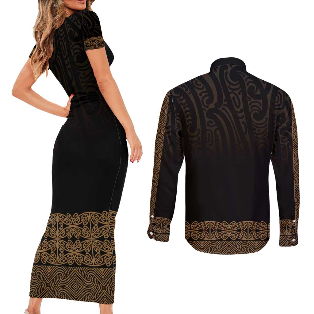 New Zealand Maori Kowhaiwhai Couples Matching Short Sleeve Bodycon Dress and Long Sleeve Button Shirt Parauri Maui and Mangopare