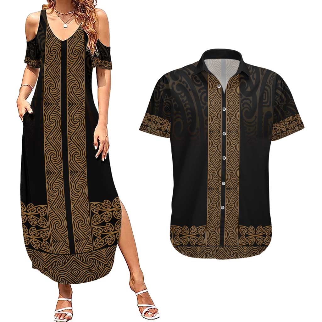 New Zealand Maori Kowhaiwhai Couples Matching Summer Maxi Dress and Hawaiian Shirt Parauri Maui and Mangopare