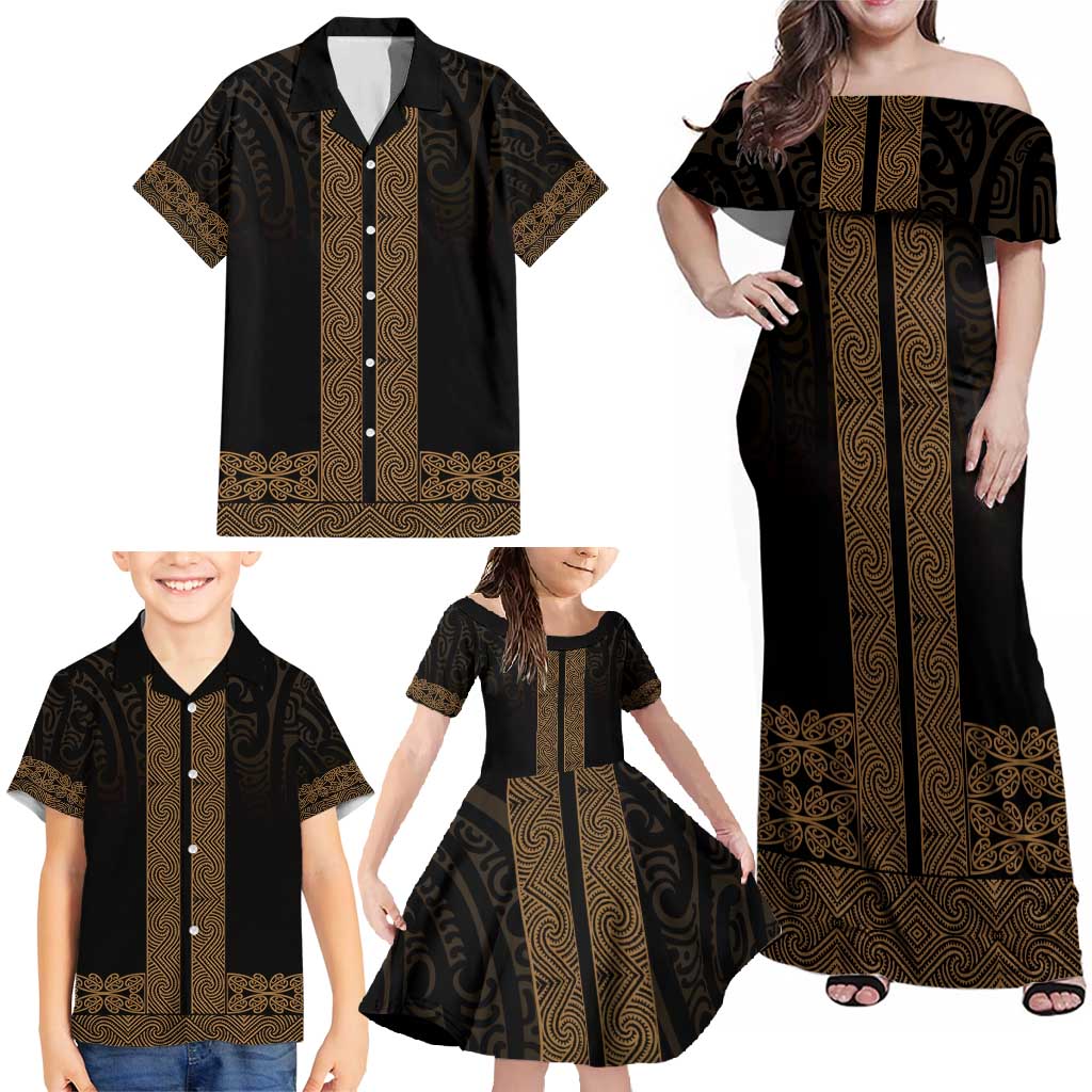 New Zealand Maori Kowhaiwhai Family Matching Off Shoulder Maxi Dress and Hawaiian Shirt Parauri Maui and Mangopare