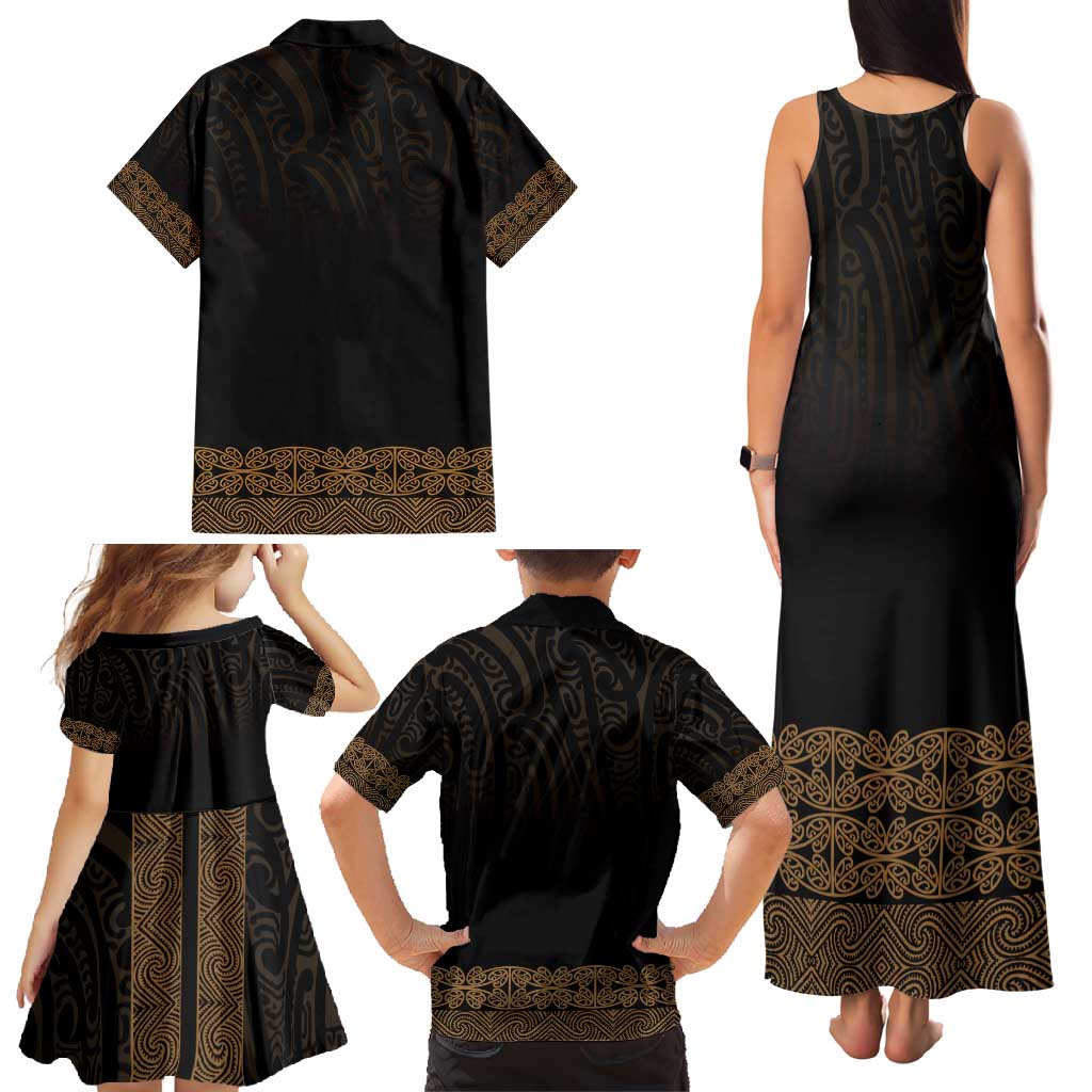 New Zealand Maori Kowhaiwhai Family Matching Tank Maxi Dress and Hawaiian Shirt Parauri Maui and Mangopare