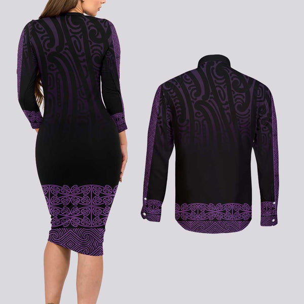 Personalised Hawaii Couples Matching Long Sleeve Bodycon Dress and Long Sleeve Button Shirts Maui Be Strong Kakau Gold Version LT01