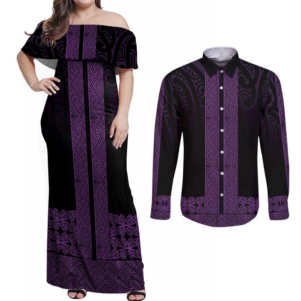 New Zealand Maori Kowhaiwhai Couples Matching Off Shoulder Maxi Dress and Long Sleeve Button Shirt Waiporoporo Maui and Mangopare