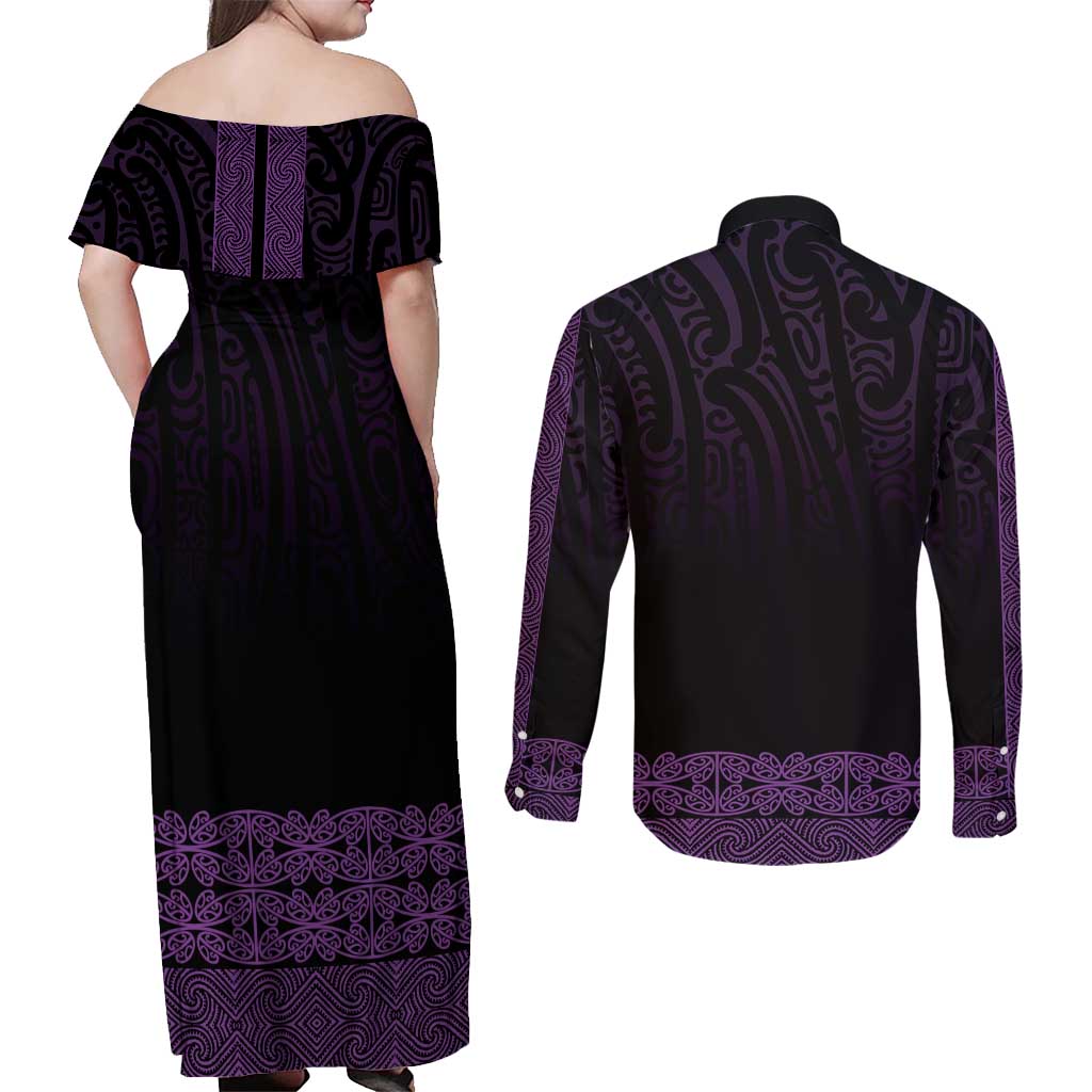 New Zealand Maori Kowhaiwhai Couples Matching Off Shoulder Maxi Dress and Long Sleeve Button Shirt Waiporoporo Maui and Mangopare