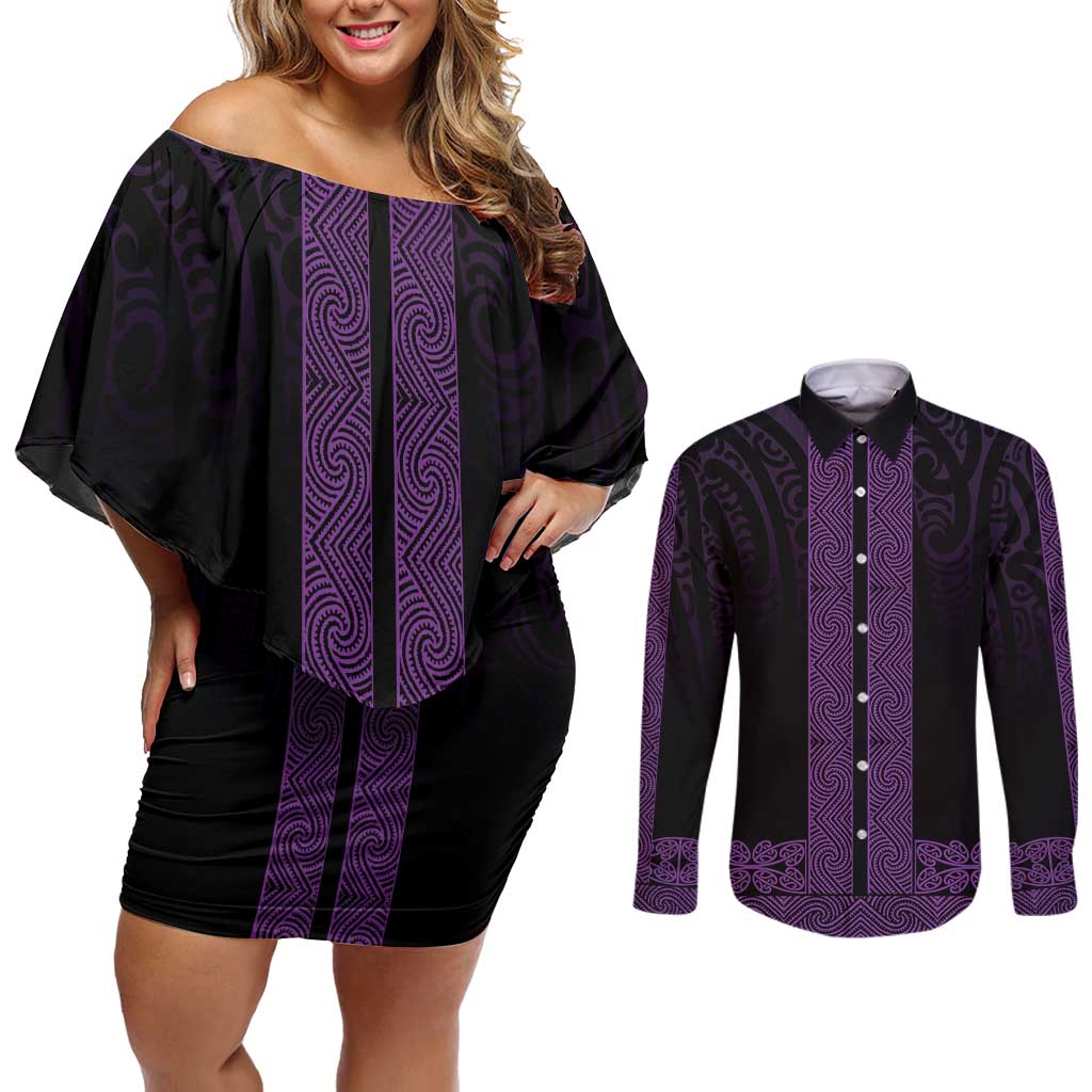 New Zealand Maori Kowhaiwhai Couples Matching Off Shoulder Short Dress and Long Sleeve Button Shirt Waiporoporo Maui and Mangopare