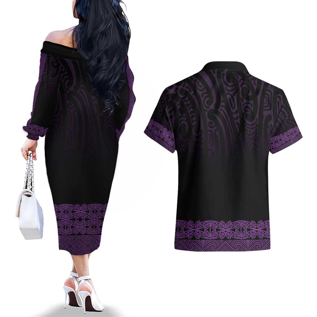 New Zealand Maori Kowhaiwhai Couples Matching Off The Shoulder Long Sleeve Dress and Hawaiian Shirt Waiporoporo Maui and Mangopare