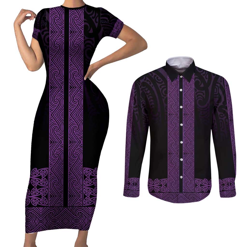 New Zealand Maori Kowhaiwhai Couples Matching Short Sleeve Bodycon Dress and Long Sleeve Button Shirt Waiporoporo Maui and Mangopare