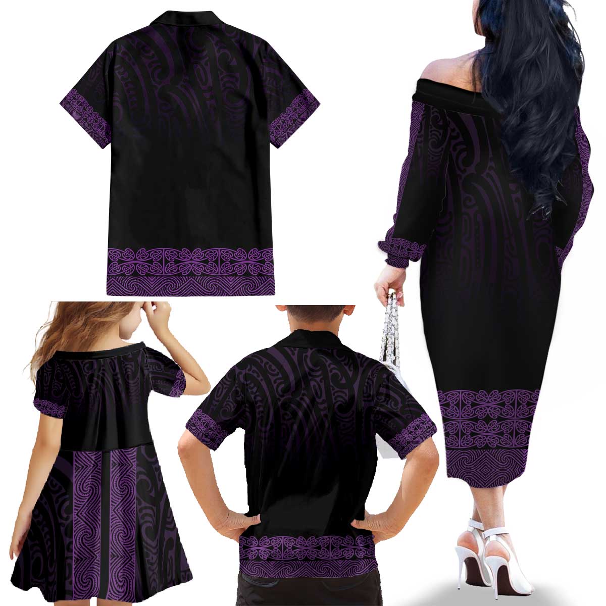 New Zealand Maori Kowhaiwhai Family Matching Off The Shoulder Long Sleeve Dress and Hawaiian Shirt Waiporoporo Maui and Mangopare