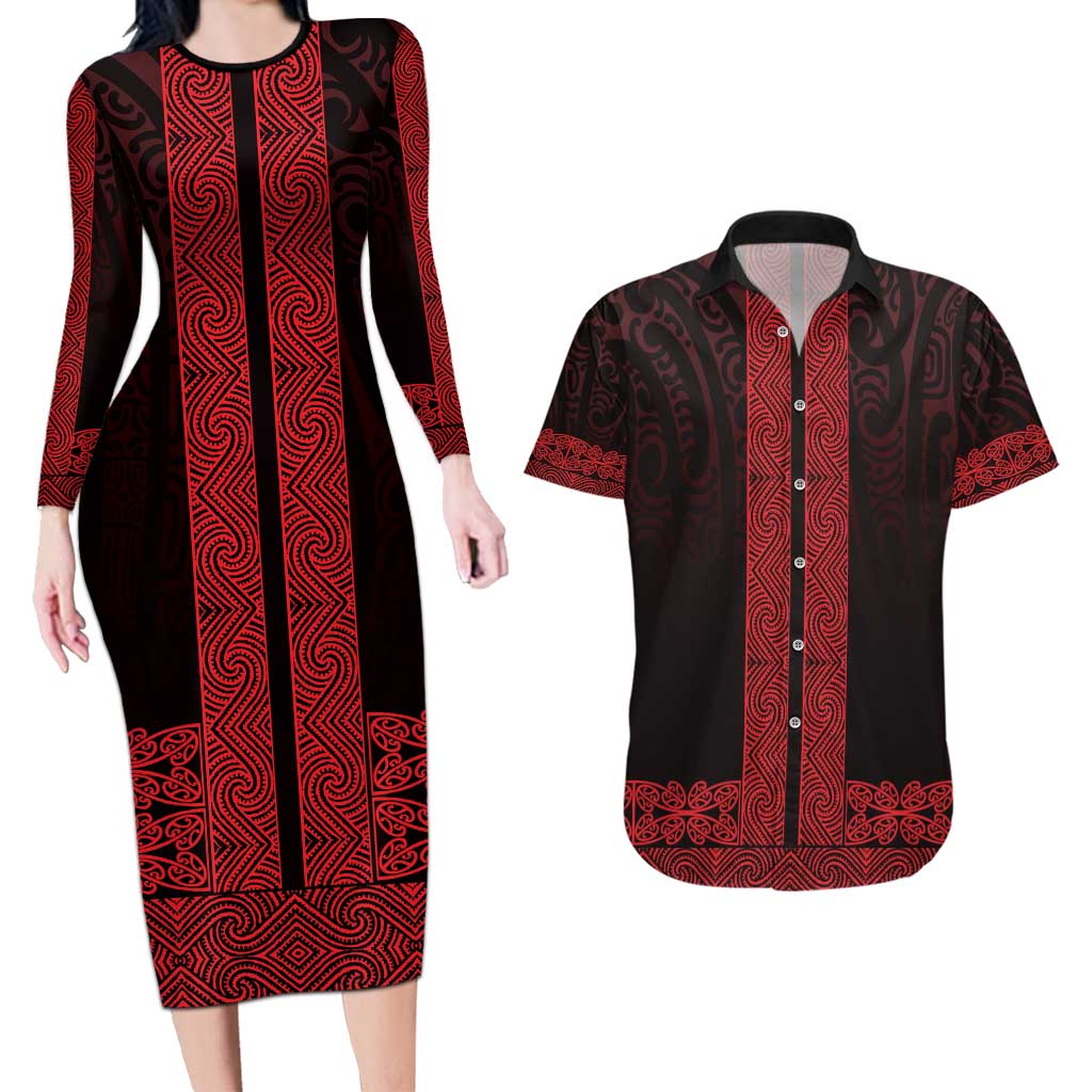 New Zealand Maori Kowhaiwhai Couples Matching Long Sleeve Bodycon Dress and Hawaiian Shirt Whero Maui and Mangopare