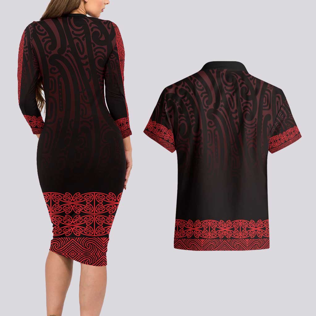 New Zealand Maori Kowhaiwhai Couples Matching Long Sleeve Bodycon Dress and Hawaiian Shirt Whero Maui and Mangopare