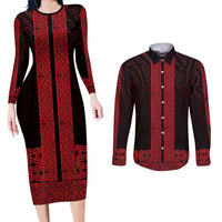 New Zealand Maori Kowhaiwhai Couples Matching Long Sleeve Bodycon Dress and Long Sleeve Button Shirt Whero Maui and Mangopare