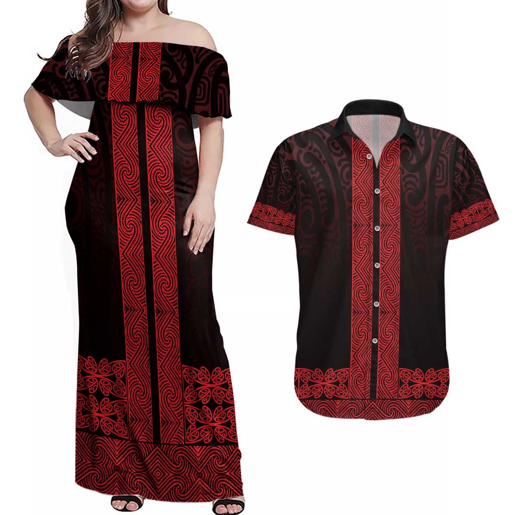 New Zealand Maori Kowhaiwhai Couples Matching Off Shoulder Maxi Dress and Hawaiian Shirt Whero Maui and Mangopare