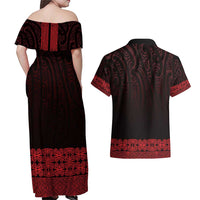 New Zealand Maori Kowhaiwhai Couples Matching Off Shoulder Maxi Dress and Hawaiian Shirt Whero Maui and Mangopare