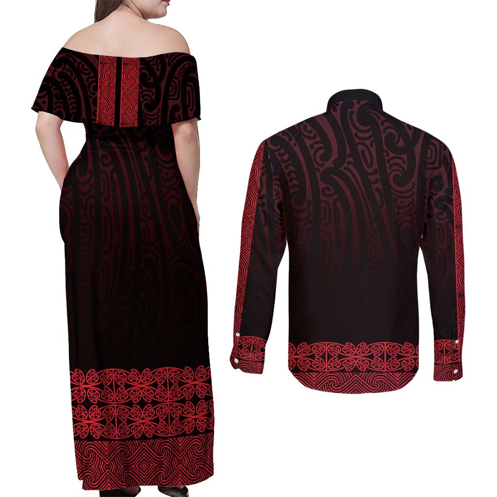 New Zealand Maori Kowhaiwhai Couples Matching Off Shoulder Maxi Dress and Long Sleeve Button Shirt Whero Maui and Mangopare