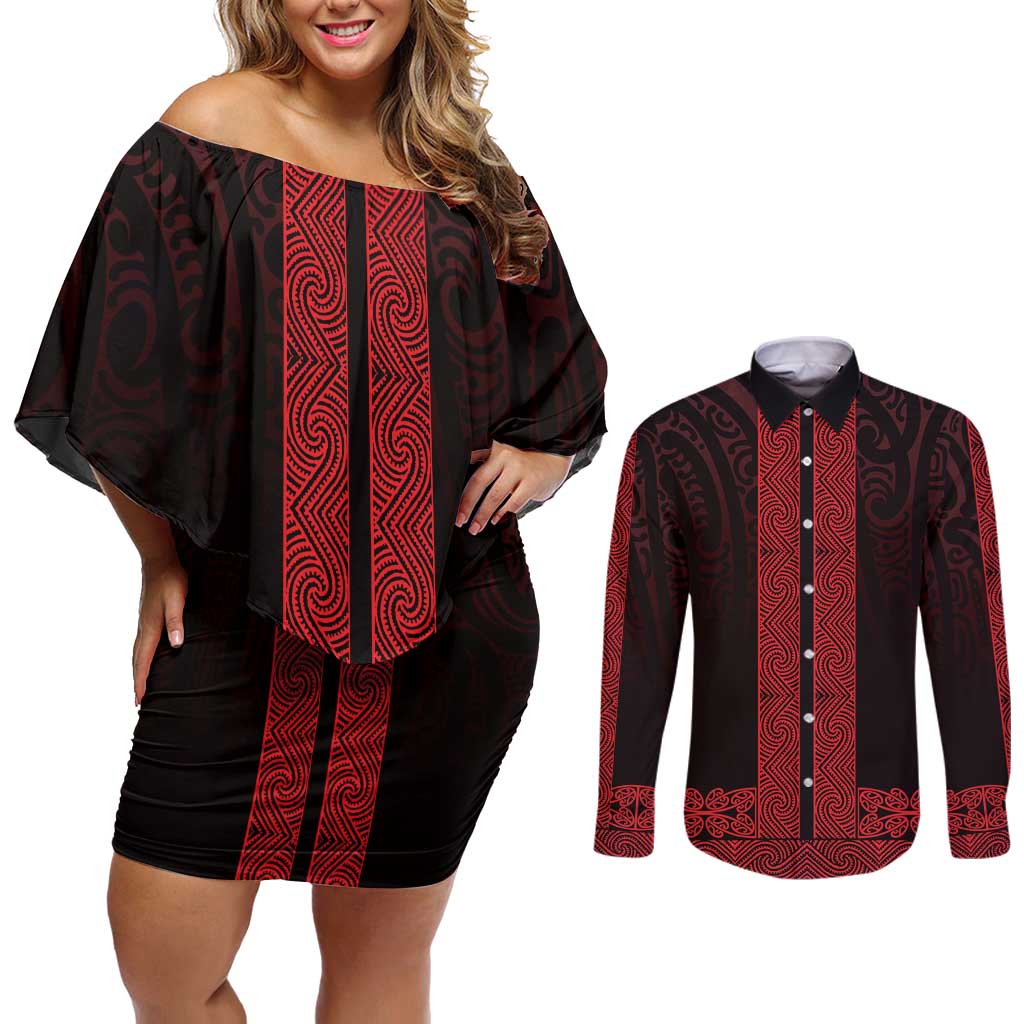 New Zealand Maori Kowhaiwhai Couples Matching Off Shoulder Short Dress and Long Sleeve Button Shirt Whero Maui and Mangopare
