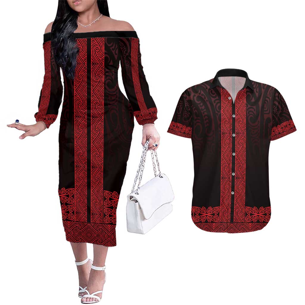 New Zealand Maori Kowhaiwhai Couples Matching Off The Shoulder Long Sleeve Dress and Hawaiian Shirt Whero Maui and Mangopare