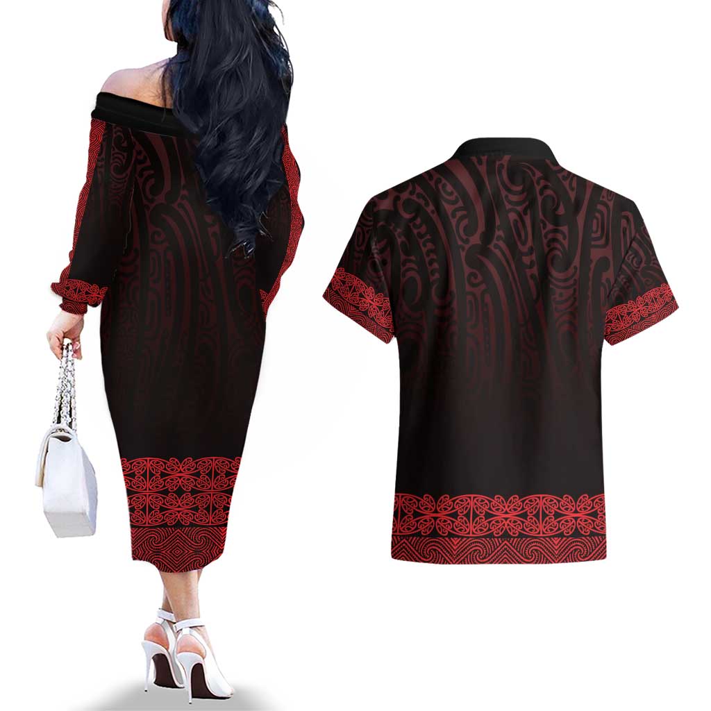 New Zealand Maori Kowhaiwhai Couples Matching Off The Shoulder Long Sleeve Dress and Hawaiian Shirt Whero Maui and Mangopare