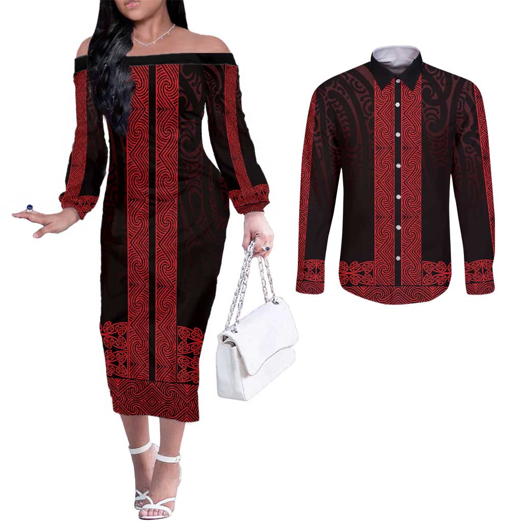 New Zealand Maori Kowhaiwhai Couples Matching Off The Shoulder Long Sleeve Dress and Long Sleeve Button Shirt Whero Maui and Mangopare