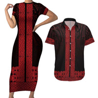 New Zealand Maori Kowhaiwhai Couples Matching Short Sleeve Bodycon Dress and Hawaiian Shirt Whero Maui and Mangopare