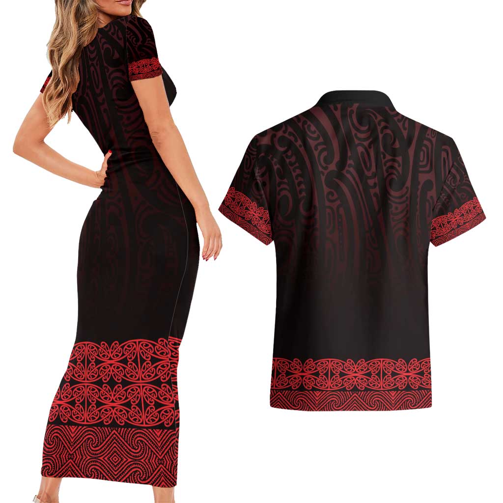 New Zealand Maori Kowhaiwhai Couples Matching Short Sleeve Bodycon Dress and Hawaiian Shirt Whero Maui and Mangopare