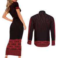 New Zealand Maori Kowhaiwhai Couples Matching Short Sleeve Bodycon Dress and Long Sleeve Button Shirt Whero Maui and Mangopare