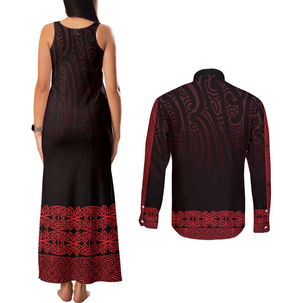 New Zealand Maori Kowhaiwhai Couples Matching Tank Maxi Dress and Long Sleeve Button Shirt Whero Maui and Mangopare