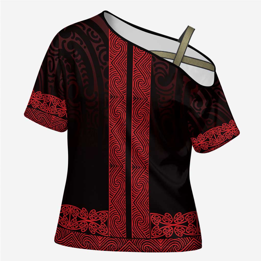 New Zealand Maori Kowhaiwhai Cross Shoulder Shirt Whero Maui and Mangopare - Polynesian Pride