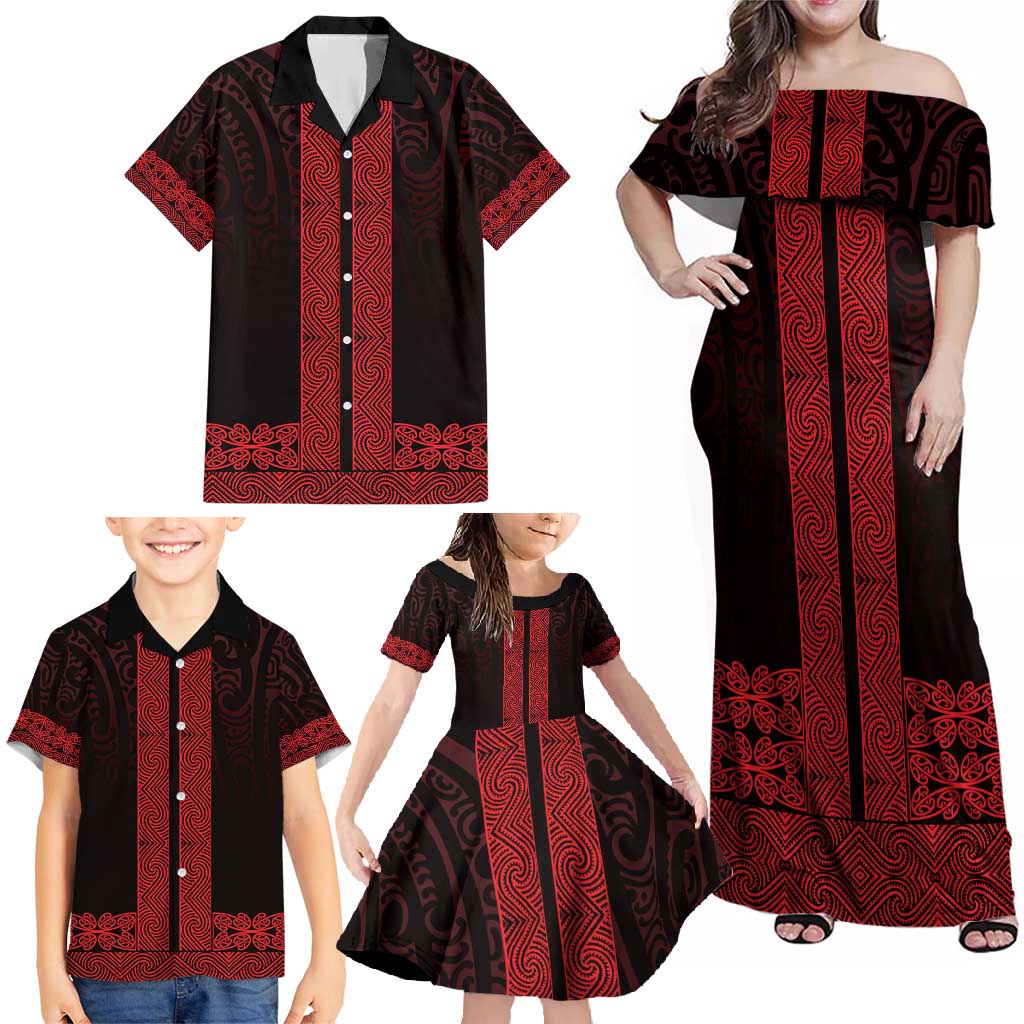 New Zealand Maori Kowhaiwhai Family Matching Off Shoulder Maxi Dress and Hawaiian Shirt Whero Maui and Mangopare