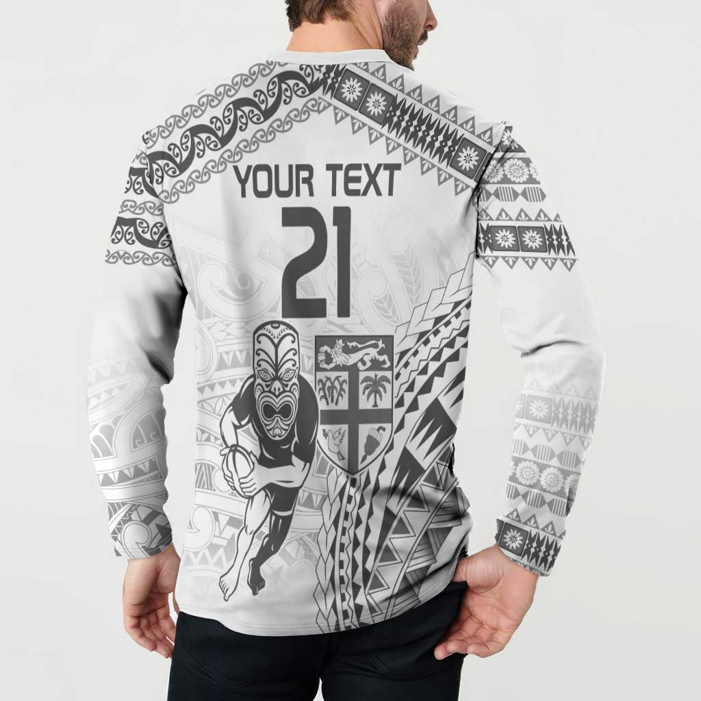 Custom Fiji Black Fern Button Sweatshirt Maori Warroir with Fijian Masi Pattern