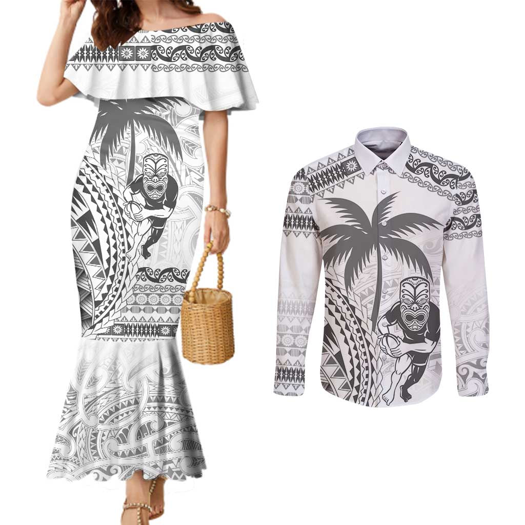 Custom Fiji Black Fern Couples Matching Mermaid Dress and Long Sleeve Button Shirt Maori Warroir with Fijian Masi Pattern