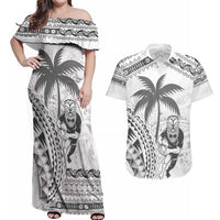Custom Fiji Black Fern Couples Matching Off Shoulder Maxi Dress and Hawaiian Shirt Maori Warroir with Fijian Masi Pattern
