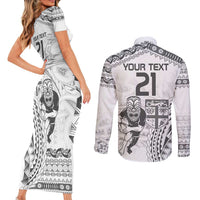 Custom Fiji Black Fern Couples Matching Short Sleeve Bodycon Dress and Long Sleeve Button Shirt Maori Warroir with Fijian Masi Pattern