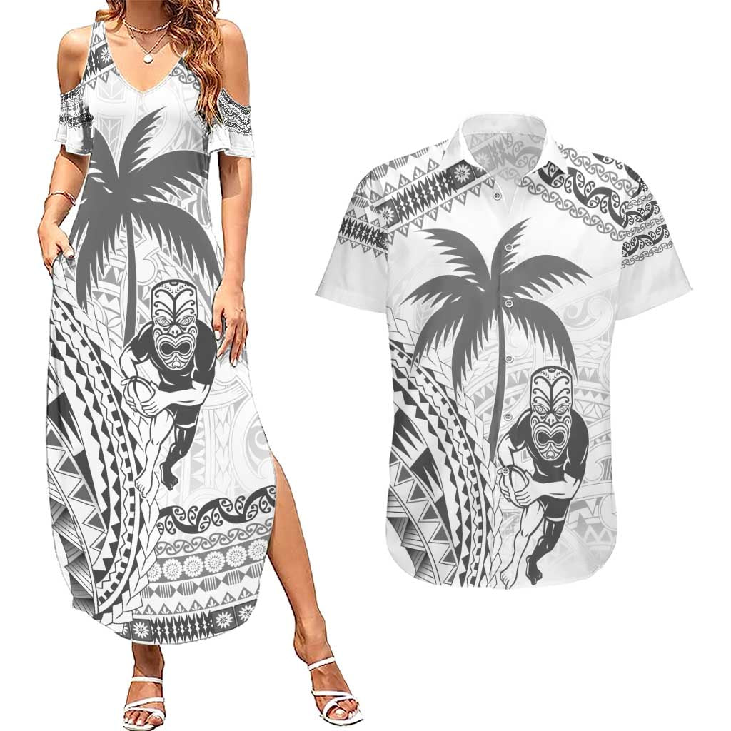 Custom Fiji Black Fern Couples Matching Summer Maxi Dress and Hawaiian Shirt Maori Warroir with Fijian Masi Pattern