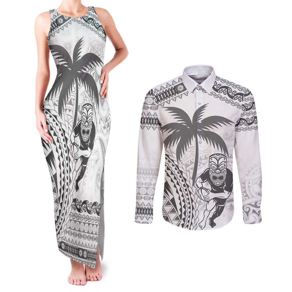 Custom Fiji Black Fern Couples Matching Tank Maxi Dress and Long Sleeve Button Shirt Maori Warroir with Fijian Masi Pattern