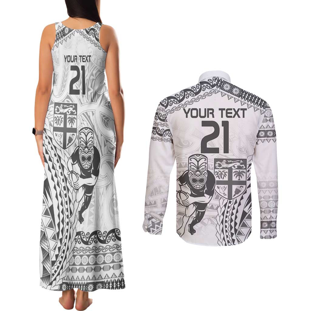 Custom Fiji Black Fern Couples Matching Tank Maxi Dress and Long Sleeve Button Shirt Maori Warroir with Fijian Masi Pattern