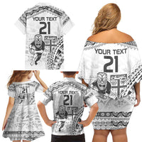 Custom Fiji Black Fern Family Matching Off Shoulder Short Dress and Hawaiian Shirt Maori Warroir with Fijian Masi Pattern