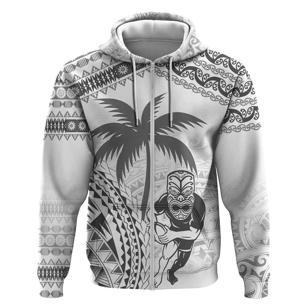 Custom Fiji Black Fern Hoodie Maori Warroir with Fijian Masi Pattern LT9 Zip Hoodie White - Polynesian Pride