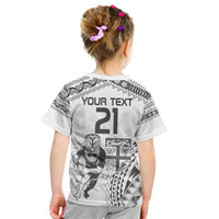 Custom Fiji Black Fern Kid T Shirt Maori Warroir with Fijian Masi Pattern