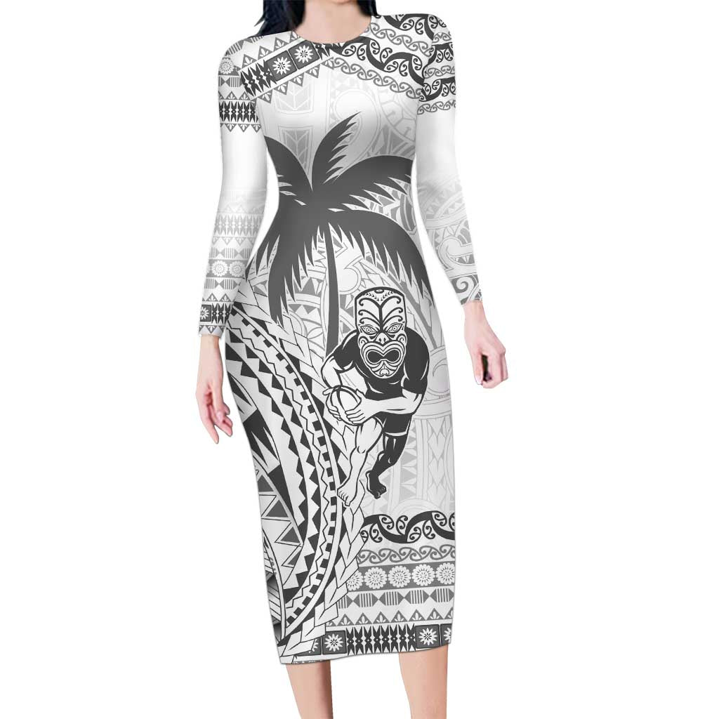 Custom Fiji Black Fern Long Sleeve Bodycon Dress Maori Warroir with Fijian Masi Pattern