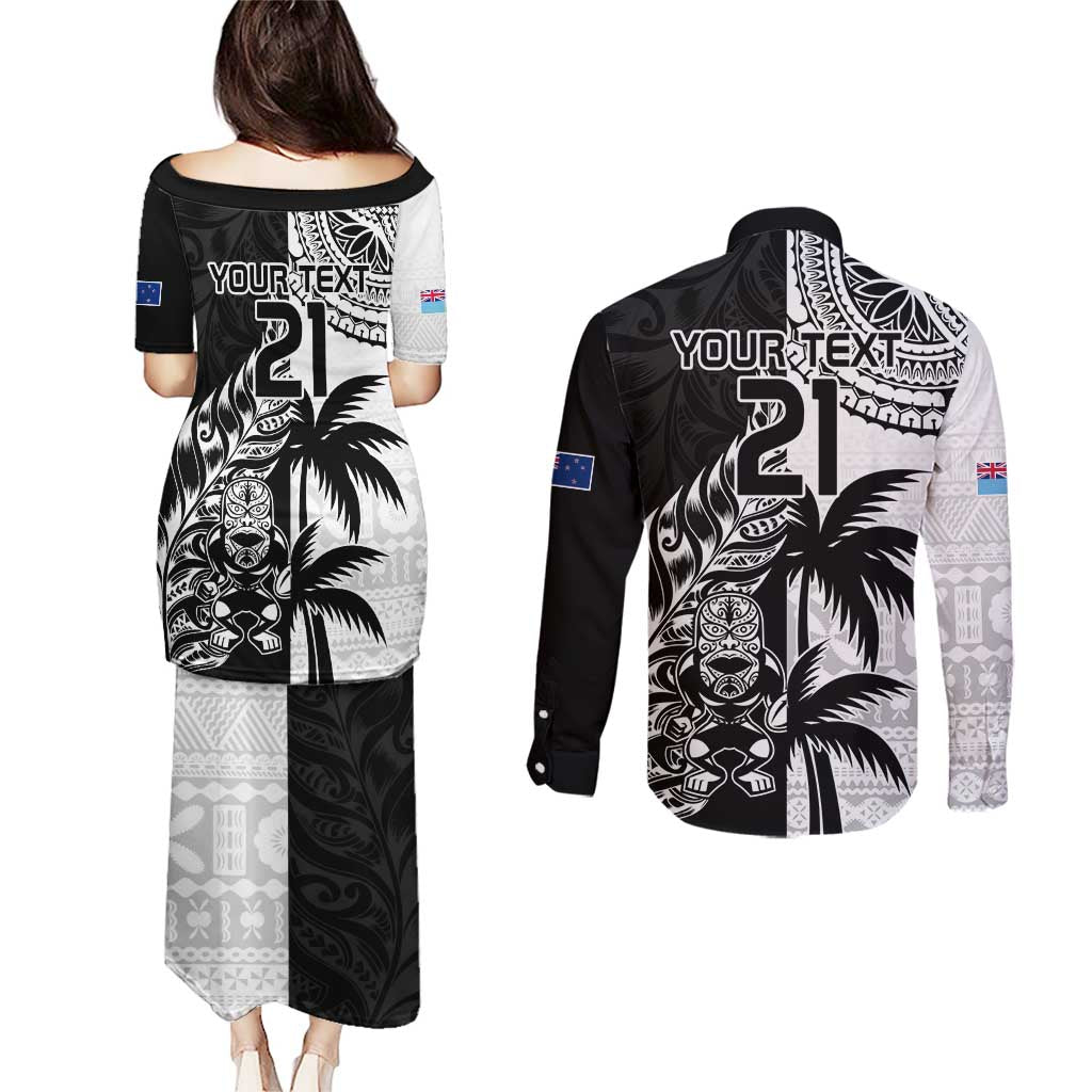 Custom Fiji New Zealand Couples Matching Puletasi and Long Sleeve Button Shirt Maori mix Tapa Pattern Version