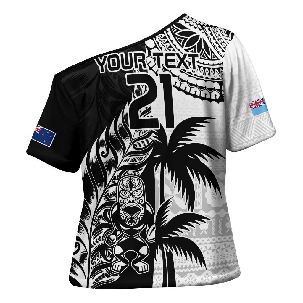 Fiji New Zealand Rugby Personalised Cross Shoulder Shirt Maori and Tapa Pattern - Polynesian Pride