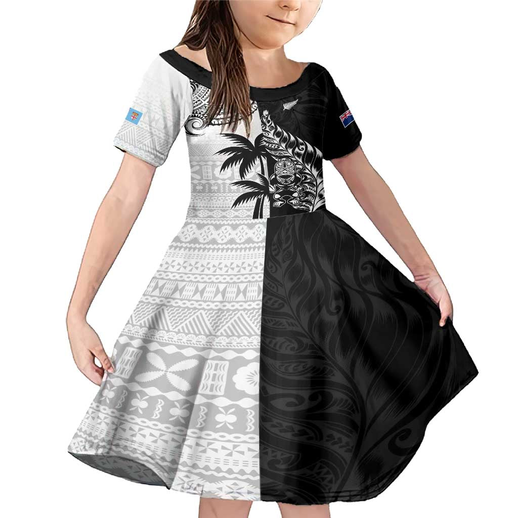 Custom Fiji New Zealand Family Matching Mermaid Dress and Hawaiian Shirt Maori mix Tapa Pattern Version LT9 Daughter's Dress Black - Polynesian Pride
