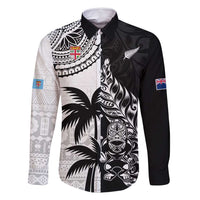 Custom Fiji New Zealand Family Matching Off Shoulder Short Dress and Hawaiian Shirt Maori mix Tapa Pattern Version LT9 Dad's Shirt - Long Sleeve Black - Polynesian Pride